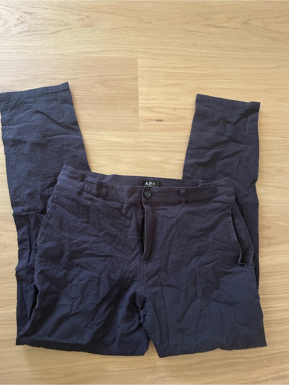 A.P.C. Men's Navy Seersucker-Texture Chino Pants